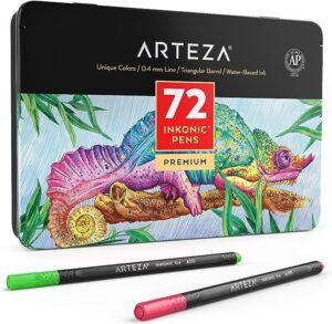 ARTEZA Inkonic Fineliner Fine Point Pens, Set of 72, 0.4mm Tips, Ergonomic Barrels, Brilliant Assorted Colors, Art Pens for Drawing, Journaling, Calligraphy, Fine Tip Markers, Art Supplies